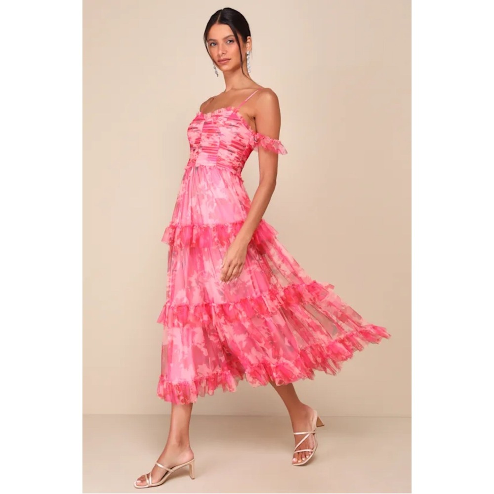 Lulus Exquisite Existence Pink Floral Mesh Pleated Ruffled Midi Dress Size XL